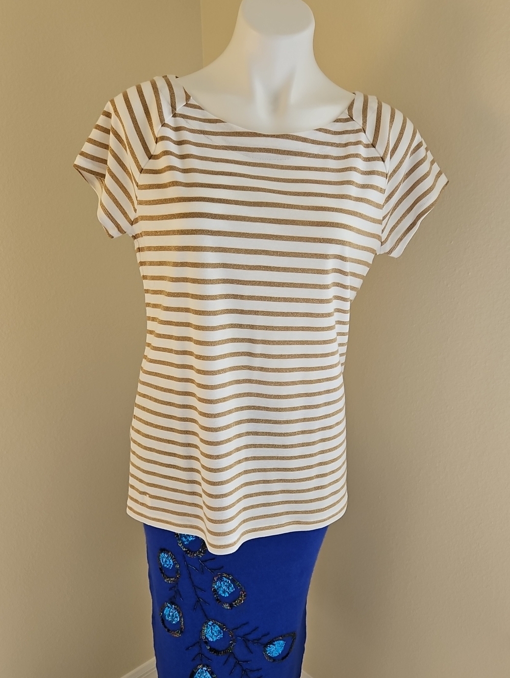 Ralph Lauren Gold Metallic Striped Short Sleeve Cotton Top XL